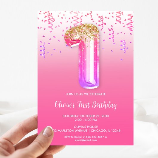 Invitation Ballon en feuille d'or rose violet filles 1er anni