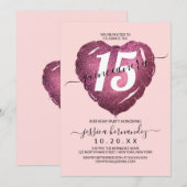 Invitation Ballon en forme de cœur pailleté rose Girly Blush  (Devant / Derrière)