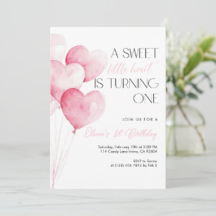 Invitation Ballon en forme de cœur rose pour le premier anniv