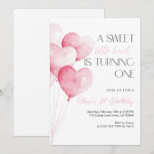 Invitation Ballon en forme de cœur rose pour le premier anniv (Devant / Derrière)