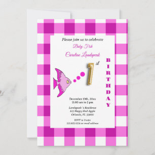 Invitation Ballon en forme de poisson en gingham rose avec fe