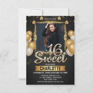 Invitation Ballon en Glitter Photo Sweet 16 Noir & Or