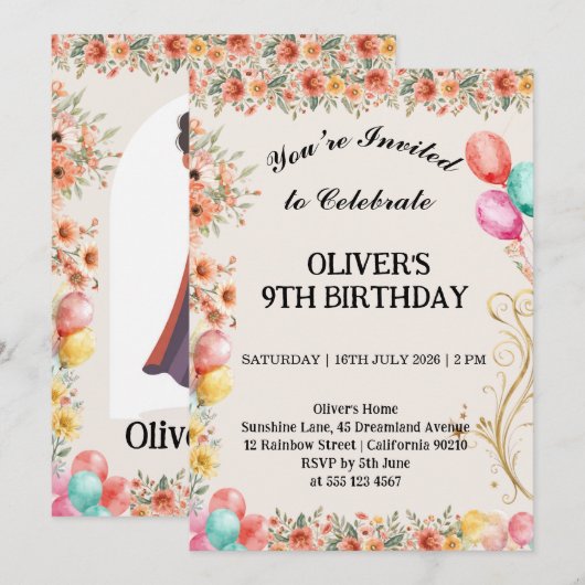 Invitation Ballon Fleur Anniversaire (Devant / Derrière)