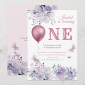 Invitation Ballon floral chic papillon lilas 1er anniversaire (Devant / Derrière)