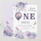 Invitation Ballon floral chic papillon lilas 1er anniversaire (Devant / Derrière)