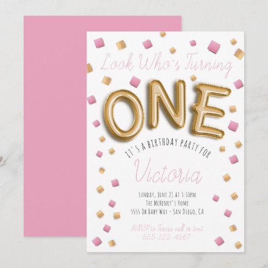 Invitation Ballon Gold Foil moderne 1er anniversaire Invitati (Devant / Derrière)