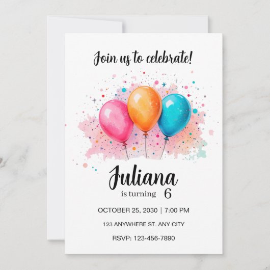 invitation ballon, invitation ballons d'anniversai (Devant)