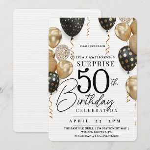 Invitation Ballon moderne blanc et or noir 50e anniversaire