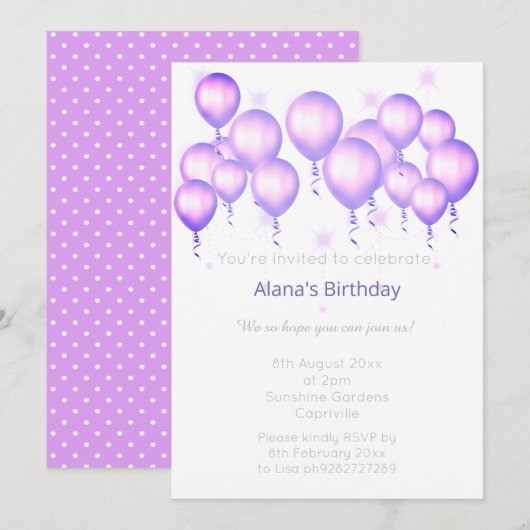 INVITATION BALLON MODERNE ELGANT PURPLE SPOT ANNIVERSAIRE (Devant / Derrière)