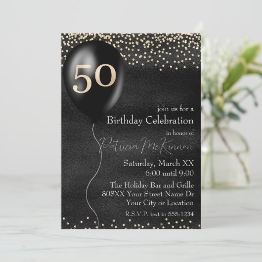 Invitation Ballon noir et or pour 50e anniversaire (Debout devant)