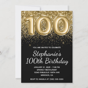 Invitation Ballon Noir Pailleté Or Étincelant 100e Anniversai
