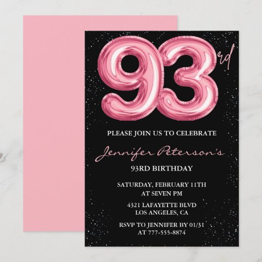 Invitation Ballon noir rose Glam 93e anniversaire (Devant / Derrière)