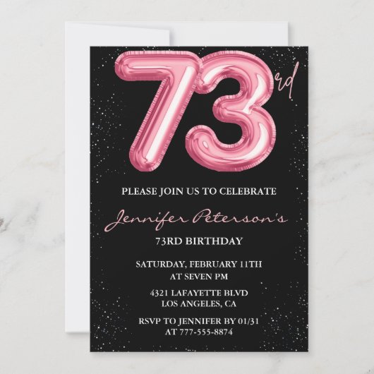 Invitation Ballon noir rose Glam Glitter 73e anniversaire (Devant)