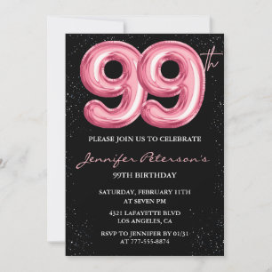 Invitation Ballon noir rose Glam Glitter 99e anniversaire