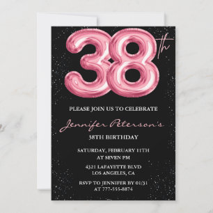 Invitation Ballon Noir Rose Glam Pailleté 38e anniversaire
