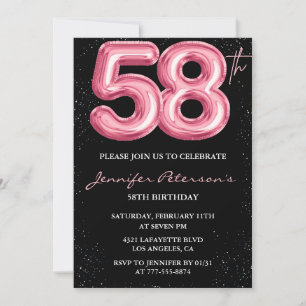 Invitation Ballon Noir Rose Glam Pailleté 58e anniversaire