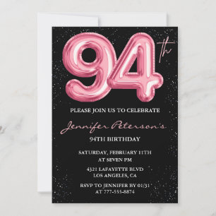 Invitation Ballon Noir Rose Glam Pailleté 94e anniversaire