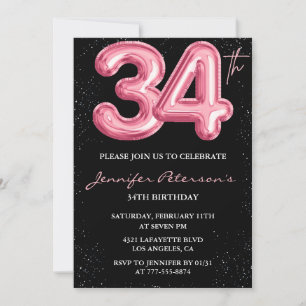 Invitation Ballon Noir Rose Glam Paillettes 34e anniversaire