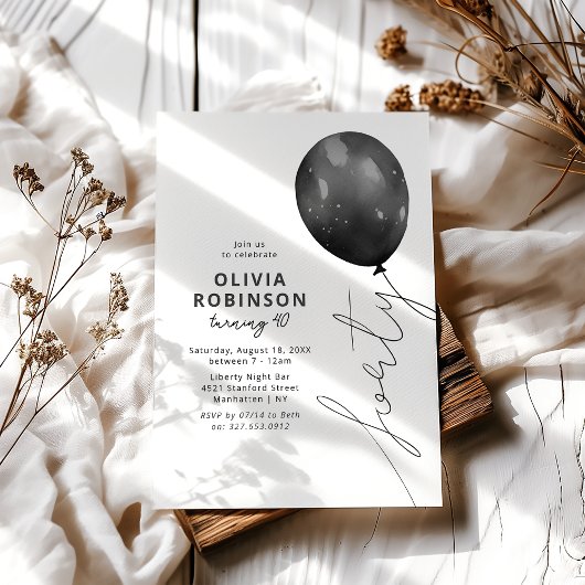 Invitation Ballon Noir Tendance 40e Anniversaire