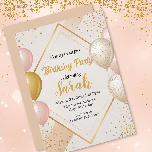 Invitation ballon or et floral rose anniversaire