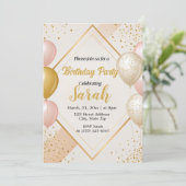 Invitation ballon or et floral rose anniversaire (Debout devant)