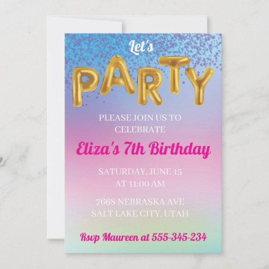 Invitation ballon or personnalisable pour une fête (Devant)