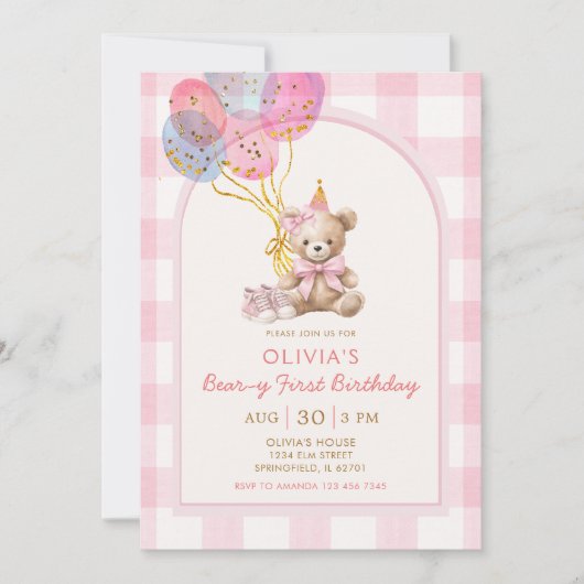 Invitation Ballon Ours Gingham Rose Anniversaire Premier Ours (Devant)