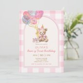 Invitation Ballon Ours Gingham Rose Anniversaire Premier Ours (Debout devant)