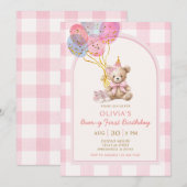 Invitation Ballon Ours Gingham Rose Anniversaire Premier Ours (Devant / Derrière)