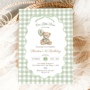 Invitation Ballon Ourson en Vichy Vert pour 1er Anniversaire
