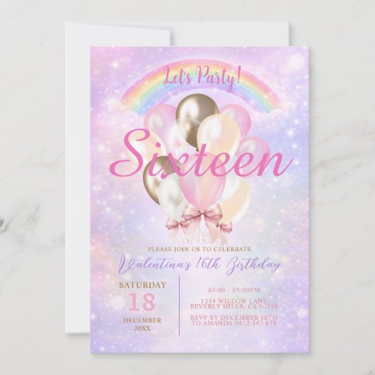Invitation Ballon Pailleté Arc-en-Ciel pour 16e Anniversaire (Devant)
