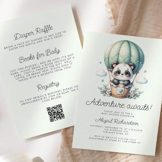 Invitation Ballon Panda Mignon Vert Menthe Code QR Baby Showe