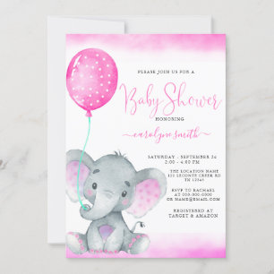 Invitation ballon rose baby shower d'éléphant mignon