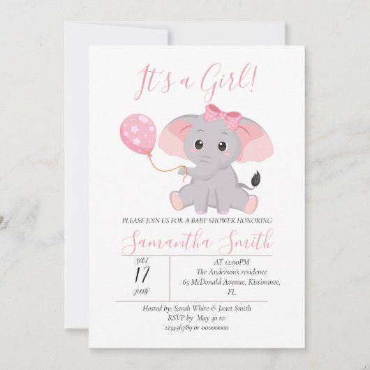 Invitation Ballon rose Baby shower éléphant (Devant)