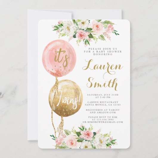 Invitation Ballon rose C'est jumeaux baby showers filles (Devant)