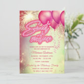 Invitation Ballon rose chaud feu d'artifice or scintillant (Debout devant)