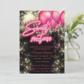 Invitation Ballon rose chaud feu d'artifice or scintillant (Debout devant)