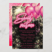 Invitation Ballon rose chaud feu d'artifice or scintillant (Devant / Derrière)