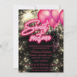 Invitation Ballon rose chaud feu d'artifice or scintillant