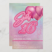 Invitation Ballon rose cool holographique néon doux 16 (Devant / Derrière)