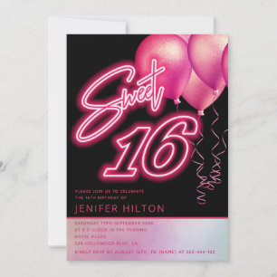 Invitation Ballon rose cool holographique néon doux 16
