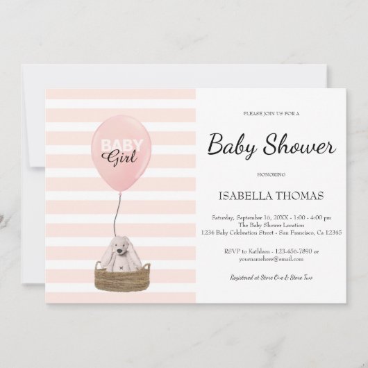Invitation Ballon rose Fille Baby shower à rayures roses (Devant)