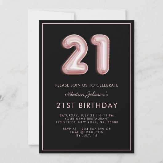 Invitation Ballon rose Numéro 21ème Cadres d'anniversaire min (Devant)