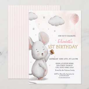 Invitation Ballon Souris Adorable Rayé Anniversaire