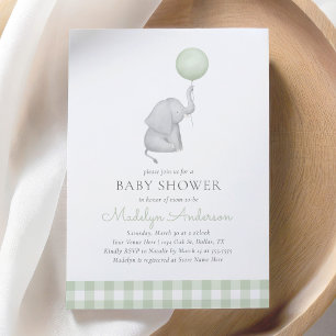 Invitation Ballon vert éléphant Baby shower neutre pour les f