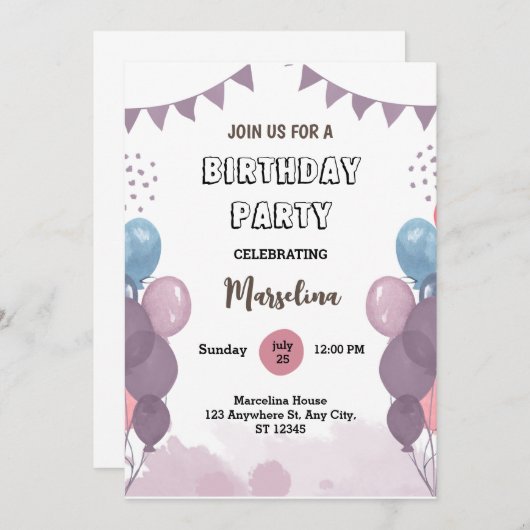 Invitation Ballon violet moderne Bunc Anniversaire (Devant / Derrière)