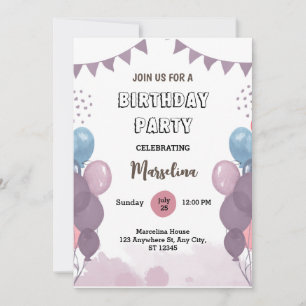 Invitation Ballon violet moderne Bunc Anniversaire