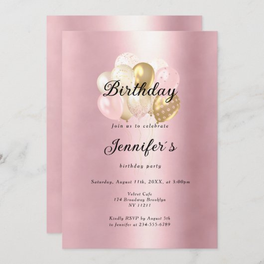 Invitation Ballonnet d'or rose moderne (Devant / Derrière)