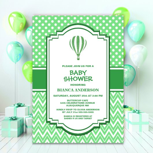 Invitation Ballons à air chaud baby shower vert