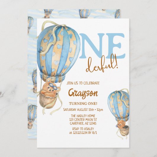 Invitation Ballons à air chaud Bleu Boho 1er anniversaire Inv (Devant / Derrière)